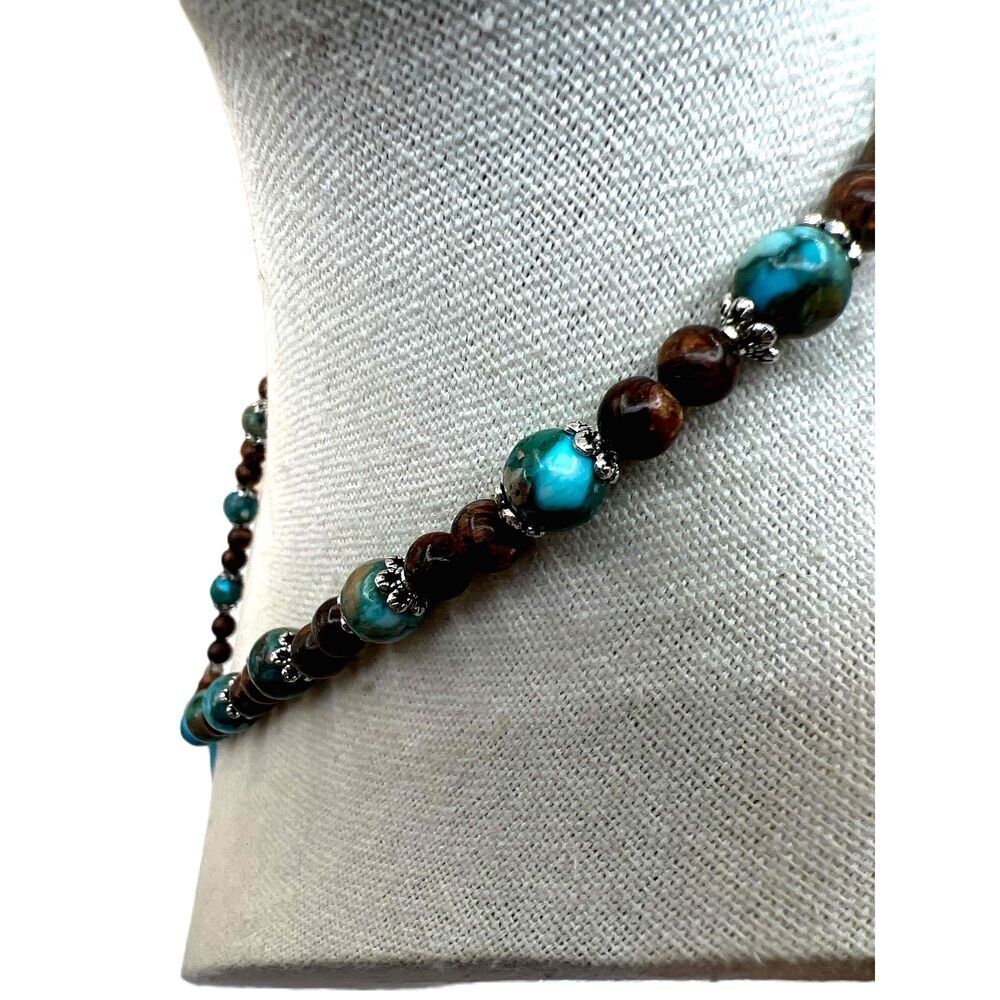 NEW Handmade Brown And Bluegreen Beaded Faux Turquoise Necklace - Picture 6 of 12
